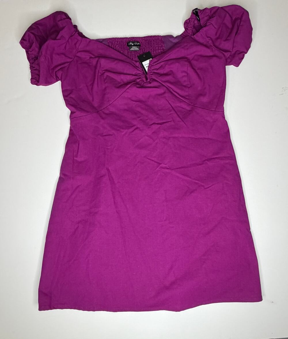 City Chic Sweet Paradise Magenta Off-Shoulder Linen Dress New 12
